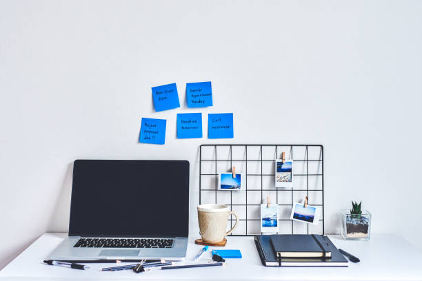 Organised workspace with breathing practice notes